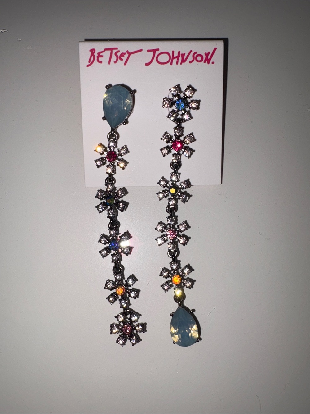 Betsey Johnson Multicolor Crystal Flower Drop Earrings with Blue Teardrops